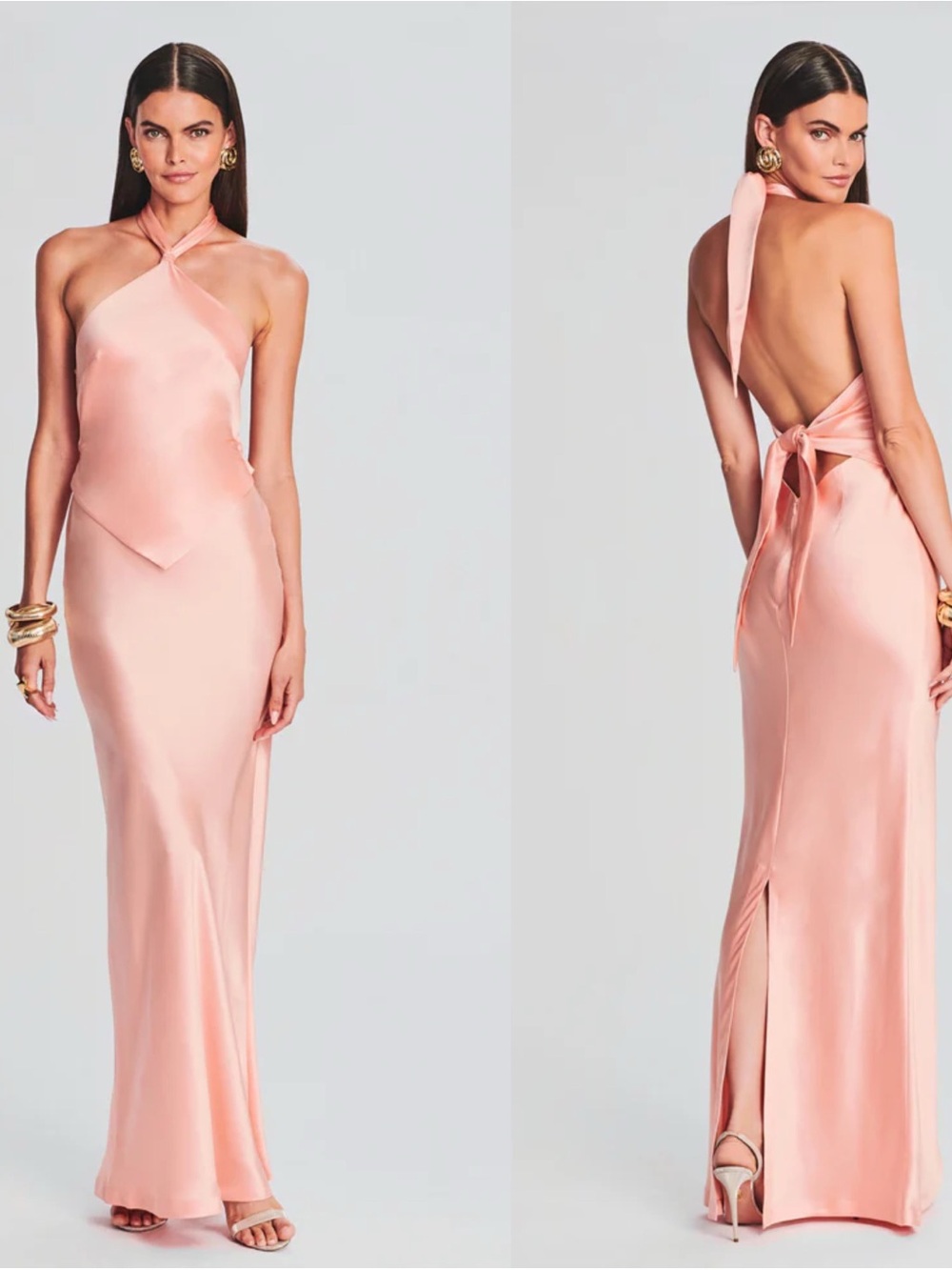 Retrofete Ester Maxi Dress in Cantaloupe Satin Halter Peach XS